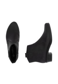 Schwarze Knöchelstiefel aus strukturiertem synthetischem Leder, mit runder Zehenform, niedrigem Blockabsatz, seitlichem Reißverschluss und dekorativen Steppnähten.