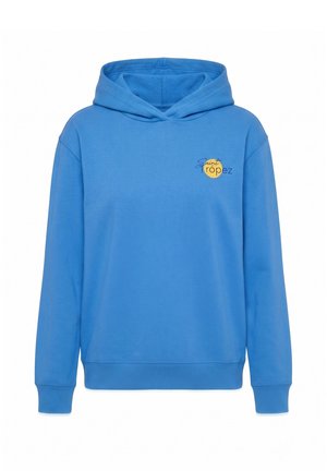 Blue hooded sweatshirt with long sleeves and small "Saint Tropez" text logo inside a yellow circle on the left chest.