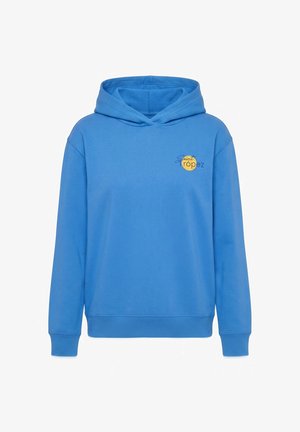 Blue hooded sweatshirt with long sleeves and small "Saint Tropez" text logo inside a yellow circle on the left chest.