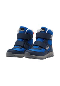 Niebieskie i granatowe buty trekkingowe z rzepami, teksturowanym materiałem i wyściełanym kołnierzem. Posiadają gumową podeszwę i akcenty z logo.