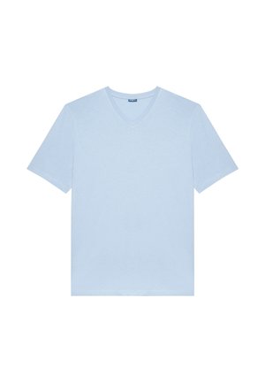 T-shirt bleu clair à manches courtes et col en V, au design uni, posé à plat sur un fond blanc.