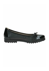 Black ballet flat with a rounded toe, patent leather cap, and small bow detail. Textured matte upper and ridged rubber sole for grip.