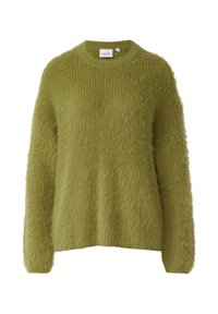 Miękki, długi sweter z dnex długością rękawów w jasnej zieleni. Posiada okrągły dekolt oraz miękką, teksturowaną powierzchnię z lekko oversize'owymi rękawami.