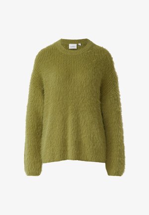 Miękki, długi sweter z dnex długością rękawów w jasnej zieleni. Posiada okrągły dekolt oraz miękką, teksturowaną powierzchnię z lekko oversize'owymi rękawami.