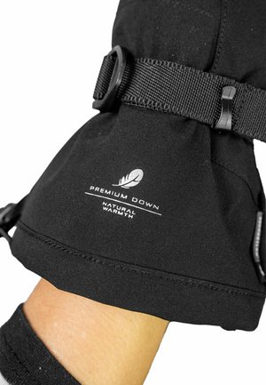 Gant de hiver noir en tissu texturé, avec une sangle réglable et un logo indiquant "Premium Down - Natural Warmth" en blanc.