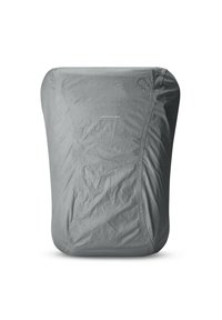 Copertura per zaino impermeabile grigia con superficie testurizzata, caratterizzata da gocce d'acqua e un logo al centro. Progettata per la protezione dalla pioggia.