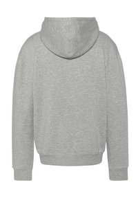Grauer Hoodie mit Kordelzugkapuze, gerippten Bündchen und Saum. Aus weichem Stoff gefertigt, mit glatter Textur und einem schlichten, klassischen Design.