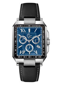 Square stainless steel watch with a blue dial, silver sub-dials, tachymeter scale, and black leather strap with white stitching.