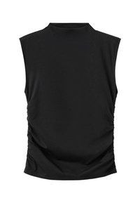 Top senza maniche nero con collo alto, lati arricciati e silhouette aderente.