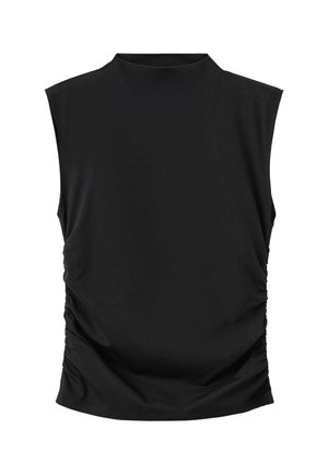 Top senza maniche nero con collo alto, lati arricciati e silhouette aderente.