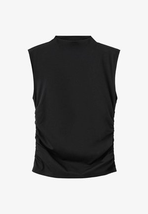 Black sleeveless mock neck top with ruched sides and a fitted silhouette.
