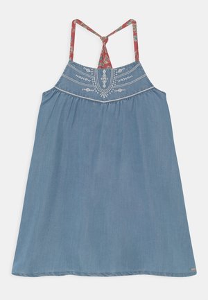 Denimkleid mit blumenmusternden Trägern, einem gerafften Oberteil mit weißen Stickereien und einer lockeren A-Linie.