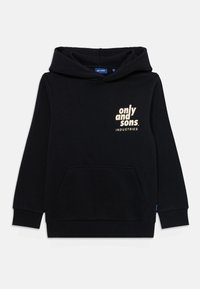 Felpa nera con cappuccio e tasca a marsupio frontale, caratterizzata da una stampa del logo color crema che recita "only and sons INDUSTIRES" sul petto.