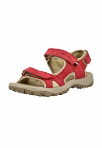 Rode en beige verstelbare outdoor sandaal met twee klittenbandsluitingen en een robuuste beige zool.