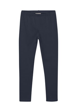 Marineblaue Leggings aus dehnbarem Baumwollmaterial, mit einem elastischen Bund und einer glatten Textur ohne Muster oder Verzierungen.