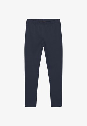 Mørkeblå leggings lavet af strækbar bomuldsstof med en elastisk talje og en glat overflade uden mønstre eller pynt.
