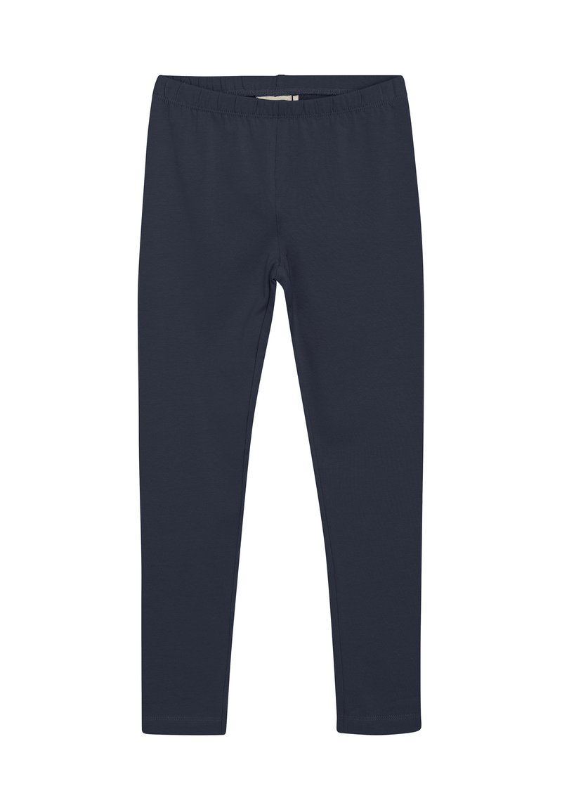 Marinblå leggings gjorda av elastiskt bomullsmaterial, med ett elastiskt midjeband och en slät yta utan mönster eller dekorationer.