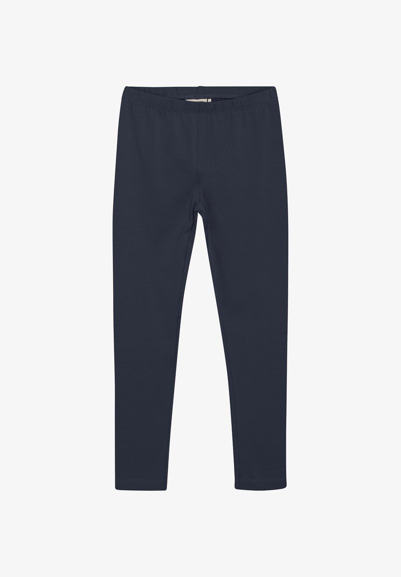 Marinblå leggings gjorda av elastiskt bomullsmaterial, med ett elastiskt midjeband och en slät yta utan mönster eller dekorationer.