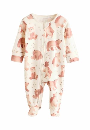 Langärmliger Baby-Overall in Creme mit pinken Bärenmustern, mit Reißverschluss und Füßchen-Design. Hergestellt aus weichem Stoff mit glatter Textur.