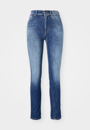 Jeans skinny in denim blu medio, con effetto sbiadito, design a cinque tasche, passanti per cinture e chiusura con bottone metallico.