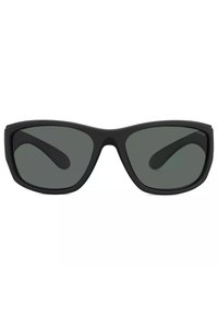 Occhiali da sole neri con finitura opaca, lenti ampie e bracci curvi dotati di lenti verdi polarizzate. Bordi arrotondati e senza marchio visibile.