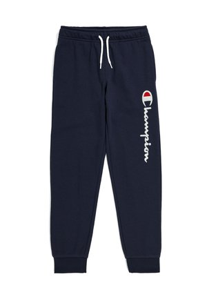 Pantaloni della tuta blu navy in cotone, con coulisse bianca, vita elasticizzata e logo "Champion" bianco sulla gamba sinistra.