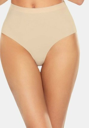 Beige, hochtaillierte Unterwäsche aus einem glatten, dehnbaren Stoff. Verfügt über nahtlose Kanten und ein Design mit voller Bedeckung.