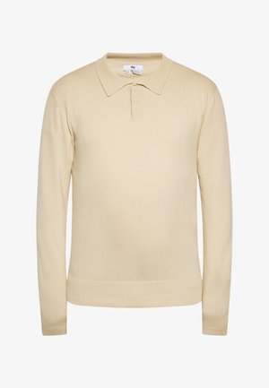 Polo shirt bej cu mânecă lungă, cu guler, închidere cu trei butoane, manșete ribbate și o textură netedă. Design simplu, clasic.