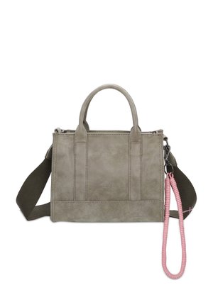 Gray faux leather handbag with two top handles, adjustable canvas shoulder strap, and a pink braided accent on the zipper. Rectangular shape.