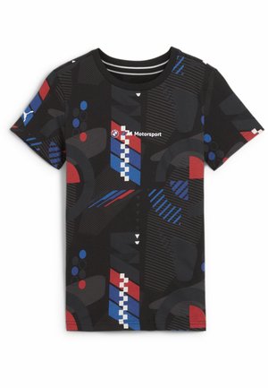 Black t-shirt featuring a geometric pattern in blue, red, and white. Material is likely cotton; design includes the BMW Motorsport logo.