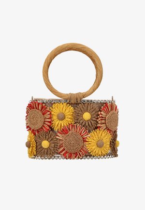 Geflochtene Handtasche mit rundem oberen Griff, verziert mit mehrfarbigen Blumenmotiven in Rot, Gelb und Braun sowie silbernen Perlakzenten.