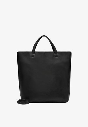 Czarna skórzana torba typu tote z dwoma krótkimi uchwytami, prostokątny kształt, gładka tekstura i odczepiany pasek. Minimalistyczny design bez widocznych elementów metalowych.