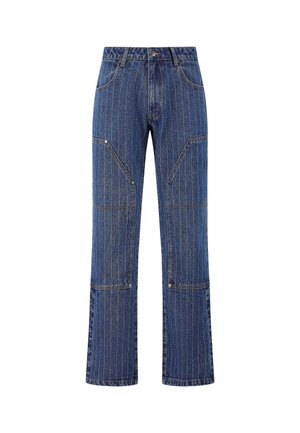 Vaqueros de denim azul con un patrón de rayas, que cuentan con un diseño de pierna recta, múltiples bolsillos y acentos de metal.