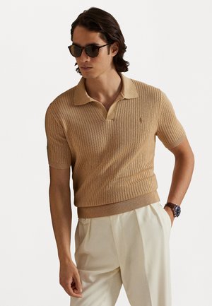 RIB-KNIT COTTON JOHNNY-COLLAR SWEATER - Πόλο - camel melange