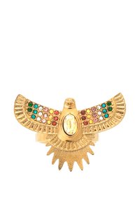 Gold-tone ring featuring an eagle design with colorful rhinestones. The eagle has a textured finish and a central oval yellow stone.