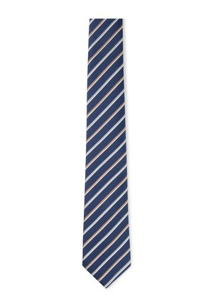 Cravatta blu navy con righe diagonali bianche e marrone chiaro, stesa su uno sfondo bianco.