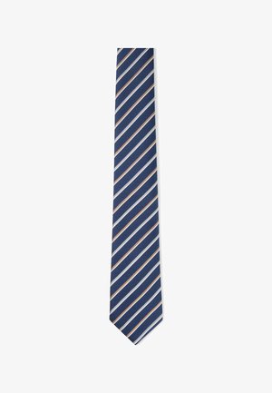 Donkerblauwe stropdas met diagonale strepen in wit en lichtbruin, plat weergegeven op een witte achtergrond.