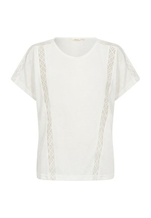 Balta trumpa rankovėmis T-marškiniai, pagaminti iš tekstūruoto audinio su deimanto rašto akcentais palei rankoves ir šonines siūles. Apvali iškirptė.