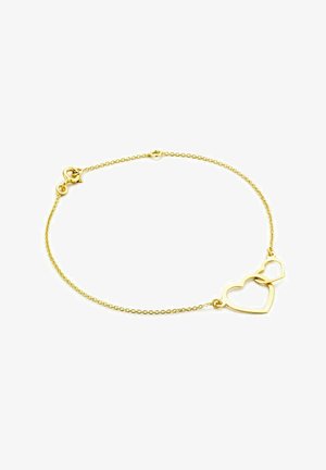 Bracelet en chaîne dorée présentant deux cœurs entrelacés, l'un plus grand et l'autre plus petit, avec une finition texturée et un fermoir à lobster.
