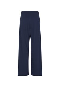 Granatowe spodnie o szerokich nogawkach wykonane z miękkiego materiału, z elastycznym pasem i bocznymi rozcięciami przy nogawkach dla swobody ruchów.