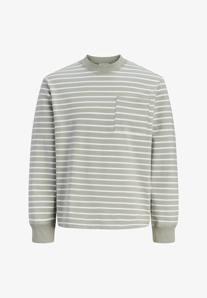 Μπλούζα μακρυμάνικη με στρογγυλή λαιμόκοψη, με ανοιχτό γκρι και λευκές οριζόντιες ρίγες και μια ριγωτή τσέπη στο αριστερό στήθος.