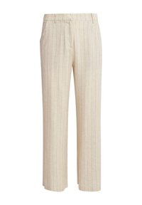 Beige weit geschnittene Hose aus einem strukturierten Stoff, mit einem subtilen Feinstrichmuster und einem Knopfverschluss vorne.