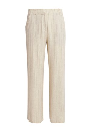 Beige wide-leg trousers made from a textured fabric, featuring a subtle pinstripe pattern and a button front closure.