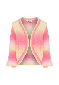 Cardigan tricotat cu un model gradient în nuanțe de roz și galben. Are un decolteu deschis, mâneci largi și un material moale, texturat.
