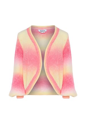 Cardigan tricotat cu un model gradient în nuanțe de roz și galben. Are un decolteu deschis, mâneci largi și un material moale, texturat.