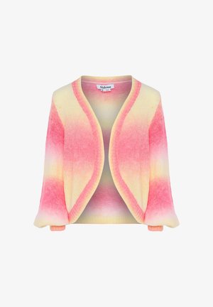 Gebreide cardigan met een verlooppatroon in roze en geel. Voorzien van een open voorkant, brede mouwen en zachte, textuurrijke stof.