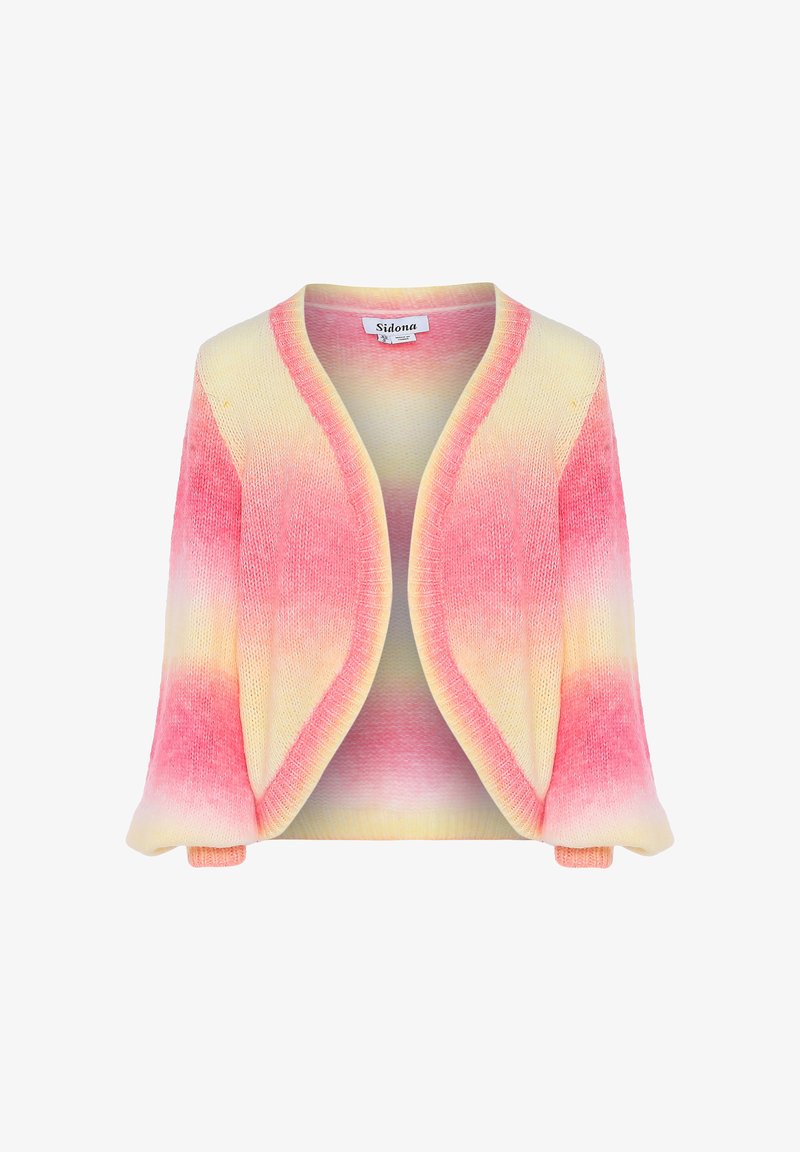 Cardigan tricotat cu un model gradient în nuanțe de roz și galben. Are un decolteu deschis, mâneci largi și un material moale, texturat.