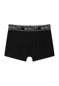 Crne bokserice izrađene od mekog, rastezljivog materijala. Imaju elastičnu traku s brendom u bijeloj boji s natpisom "MINOTI" ponovljenim. Sadrže prednji džep.