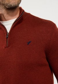 Bordeauxrode gebreide trui met een hoge kraag en een halve rits; heeft een klein blauw geborduurd vogel-logo op de borst.