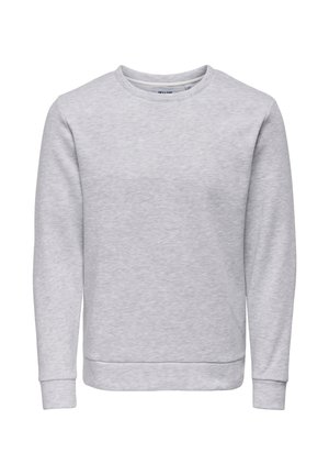 Hellgraues Sweatshirt mit Rundhalsausschnitt, langen Ärmeln, gerippten Bündchen und Saum, präsentiert vor weißem Hintergrund.